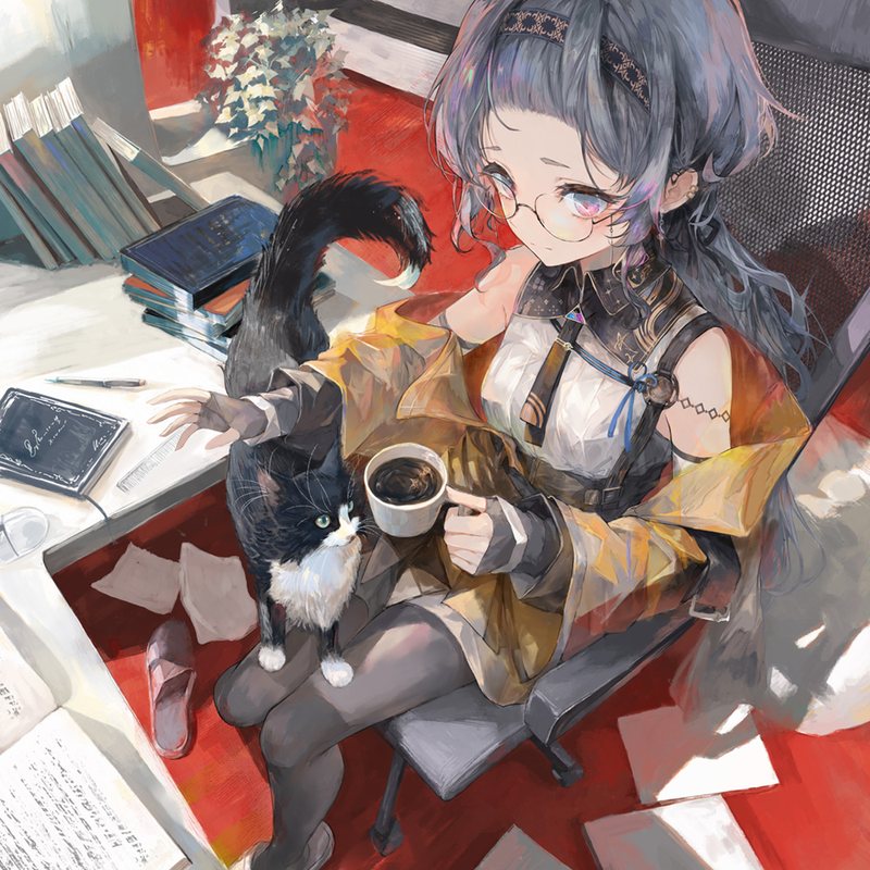 猫と過ごす眼鏡の少女のイラスト
